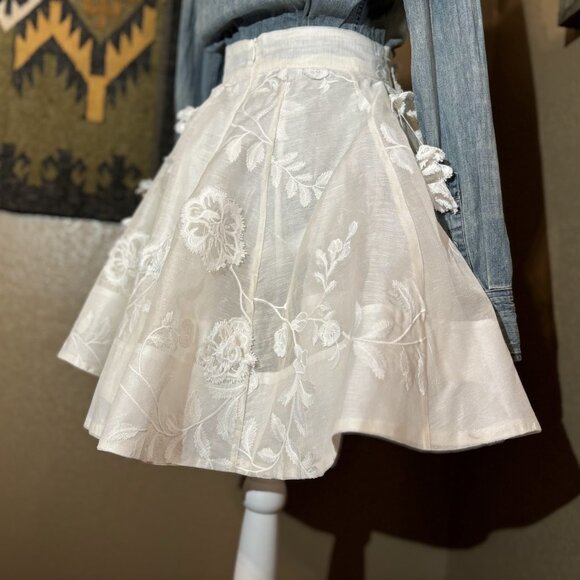 Zimmermann Postcard Appliqué 3D Flower Silk Linen Skirt Ivory RARE - Picture 7 of 8